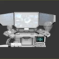 Futuristic Control Console With Multiple Screens Data Displays And Spherical Tech Devices