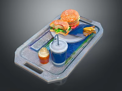 Delicious Fast Food Tray With Hamburger Fries Drink And Sauce 3d model