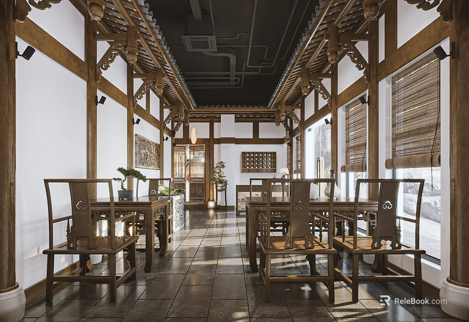 Traditional Tea House Interior With Wooden Tables Chairs And Classic Decor 3d model 