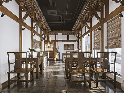 Traditional Tea House Interior With Wooden Tables Chairs And Classic Decor 3d model