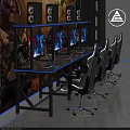 Esports Gaming Room Setup Featuring Multiple Computer Monitors Ergonomic Chairs And Colorful Game Mural