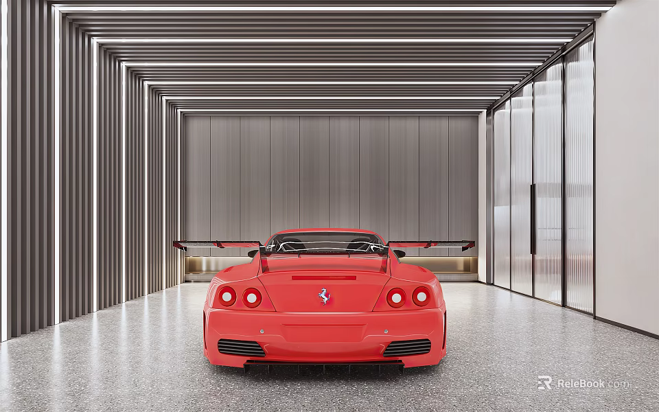 Modern Parking Garage Featuring Red Sports Car With Metal Roof And Glass Walls 3d model 