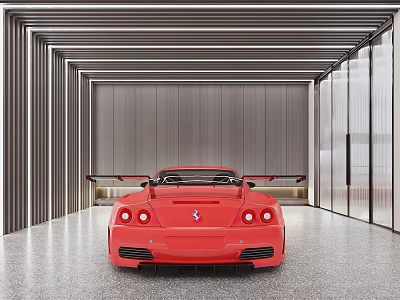 Modern Parking Garage Featuring Red Sports Car With Metal Roof And Glass Walls 3d model