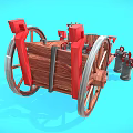 Vintage Wooden Utility Cart With Red Accents POP Cans And Shovel Tools