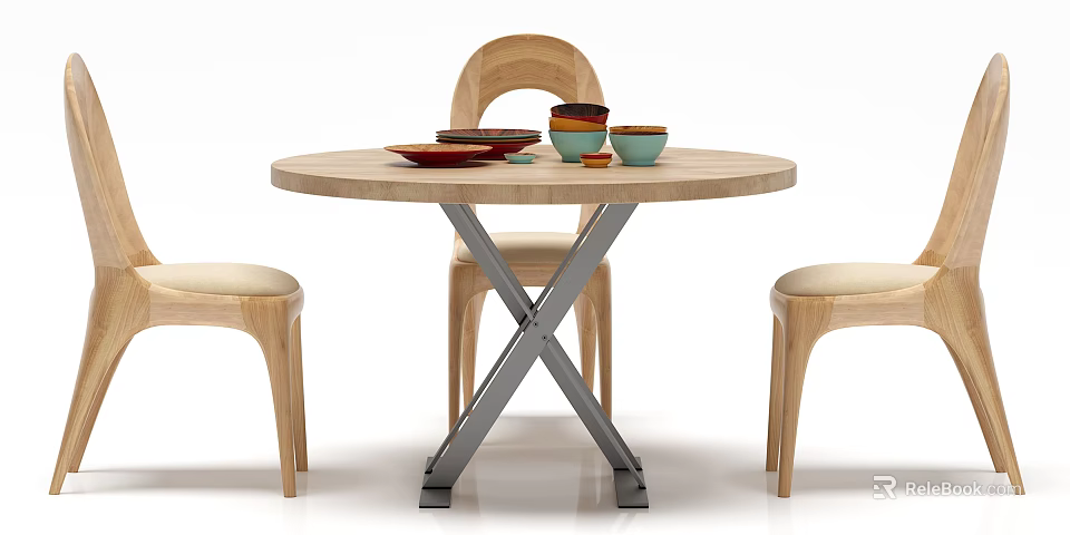 Round Wooden Dining Table Set With Metal Cross Legs Three Chairs And Colorful Ceramic Bowls 3d model 