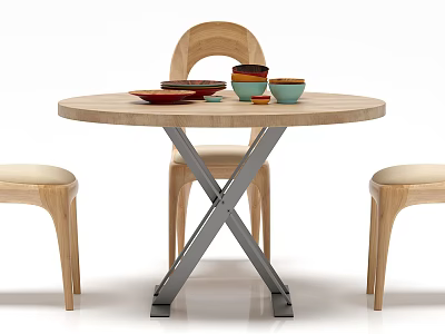 Round Wooden Dining Table Set With Metal Cross Legs Three Chairs And Colorful Ceramic Bowls 3d model
