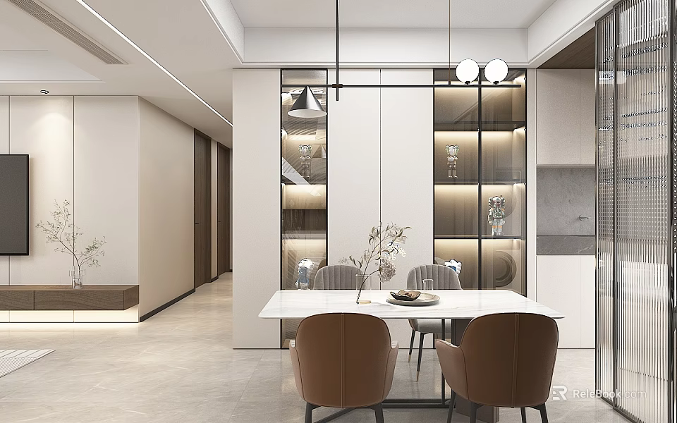 Modern Minimalist Dining Living Room Interior With White Table Brown Chairs And Display Cabinets 3d model 