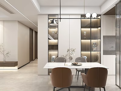 Modern Minimalist Dining Living Room Interior With White Table Brown Chairs And Display Cabinets 3d model