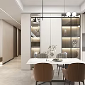 Modern Minimalist Dining Living Room Interior With White Table Brown Chairs And Display Cabinets