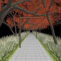 Paved Pathway With Illuminated Street Lamps Red Leaf Trees And Grass Landscaping