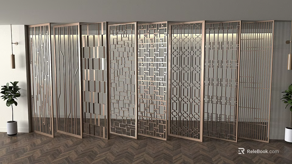 Modern Decorative Room Dividers With Geometric Patterns And Metal Frames In Interior 3d model