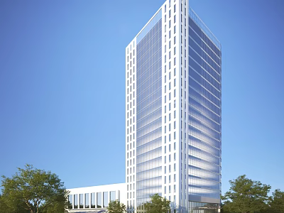Modern High Rise Office Building Featuring Glass Curtain Wall Surrounded by Trees Under Blue Sky 3d model
