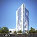 Modern High Rise Office Building Featuring Glass Curtain Wall Surrounded by Trees Under Blue Sky