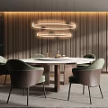 Modern Restaurant Interior With Round Dining Table Green Chairs Pendant Lights And Wooden Walls