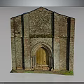 Historic Stone Building Exterior With Arched Wooden Door And Moss Covered Walls