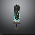 Magical Ancient Glowing Sword With Blue Runes And Gold Purple Pedestal