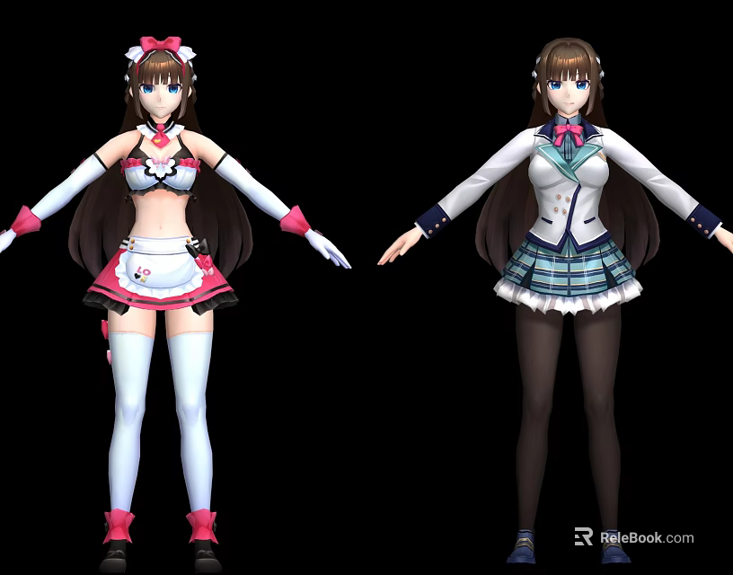 Anime Style Game Female Characters In Maid Outfit And School Uniform With Twin Tail Hairstyle 3d model 