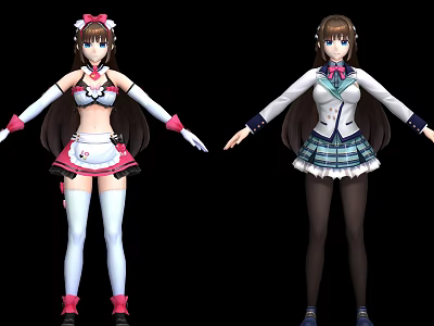 Anime Style Game Female Characters In Maid Outfit And School Uniform With Twin Tail Hairstyle 3d model