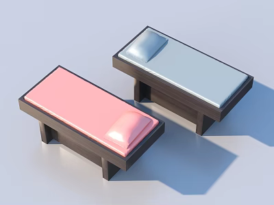 Two Stylish Chaise Lounges With Pink And Light Blue Cushions And Wooden Frames 3d model