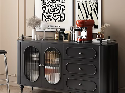 Black Entryway Cabinet Sideboard With Glass Doors Drawers And Coffee Machine Decorative Items 3d model