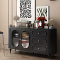 Black Entryway Cabinet Sideboard With Glass Doors Drawers And Coffee Machine Decorative Items