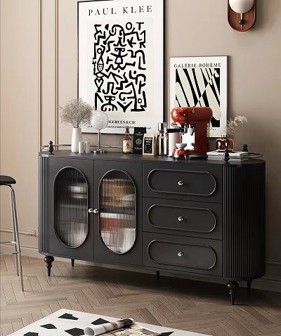 Black Entryway Cabinet Sideboard With Glass Doors Drawers And Coffee Machine Decorative Items 3d model