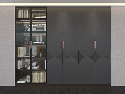 Modern Dark Colored Wardrobe with Round Patterns Metal Handles and Open Display Shelves 3d model