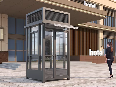 Modern Security Booth With Glass Walls And Canopy At Hotel Entrance 3d model