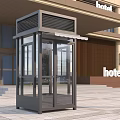 Modern Security Booth With Glass Walls And Canopy At Hotel Entrance