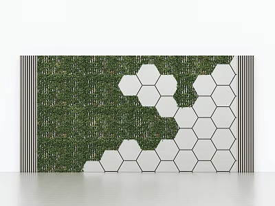 Modern Background Wall With Green Plant Section And White Hexagonal Tiles And Striped Accents 3d model