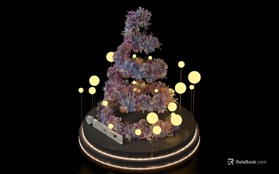 Christmas Tree Decorated With Purple Pink Flowers Yellow Round Lights And Circular Base Light Strips 3d model 