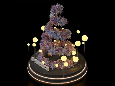 Christmas Tree Decorated With Purple Pink Flowers Yellow Round Lights And Circular Base Light Strips 3d model