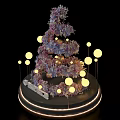 Christmas Tree Decorated With Purple Pink Flowers Yellow Round Lights And Circular Base Light Strips