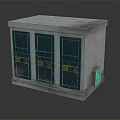 Industrial Electrical Cabinet With Three Green Doors And Yellow Warning Signs