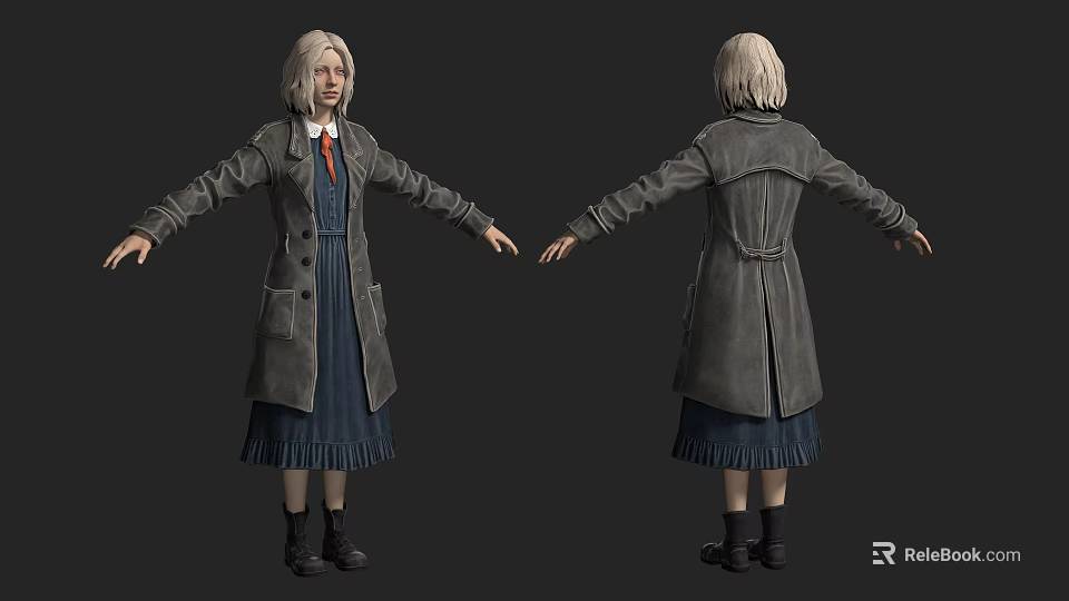 Game Movie Character Blonde Hair Gray Coat Blue Dress Red Tie Black Boots 3D Design 3d model 