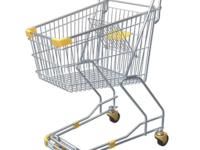 Commercial Metal Shopping Cart With Yellow Handles And Movable Wheels For Retail Use 3d model