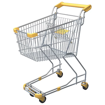 Commercial Metal Shopping Cart With Yellow Handles And Movable Wheels For Retail Use 3d model