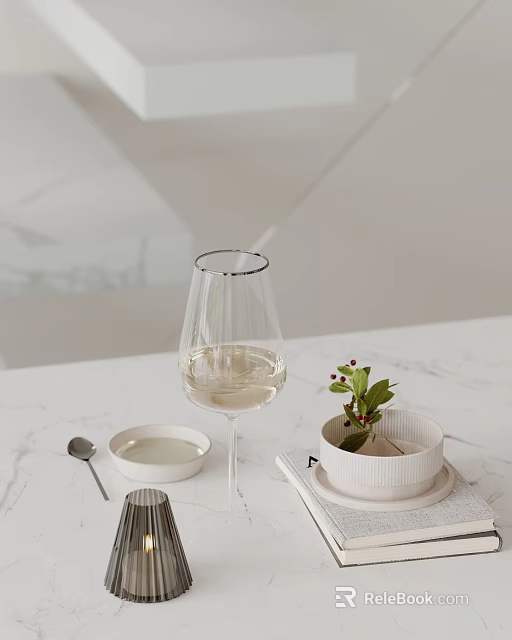 Elegant Ornament Decoration Set With Wine Glass Small Bowl Potted Plant And Marble Tabletop 3d model 
