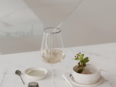Elegant Ornament Decoration Set With Wine Glass Small Bowl Potted Plant And Marble Tabletop 3d model