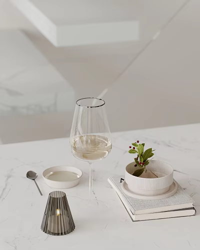 Elegant Ornament Decoration Set With Wine Glass Small Bowl Potted Plant And Marble Tabletop 3d model