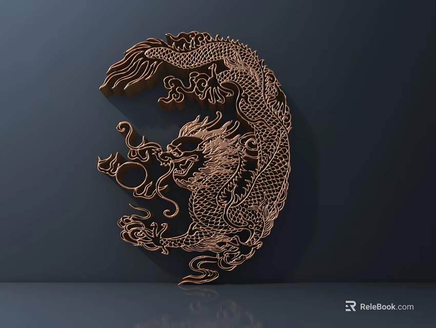 Intricate Golden Dragon Carving Decorative Wall Art On Dark Background Surface 3d model 
