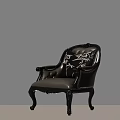 Classic Accent Chair With Black Carved Wooden Frame Beige Leather Seat And Bamboo Pattern Cushion