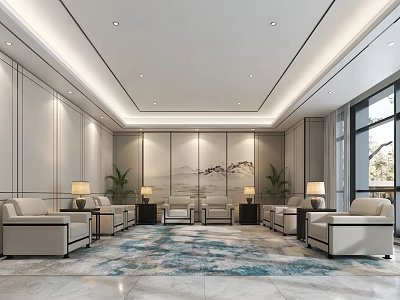 Modern Hotel Public Lounge With Beige Sofas Blue Patterned Carpet Green Plants And Wall Art 3d model