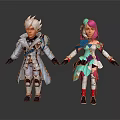 Two Fantasy Characters With White Hair And Pink Green Hair In Colorful Outfits Standing Together