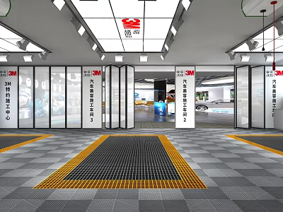 Automotive Service Showroom With Glass Doors Interior Lighting And Grid Floor Design 3d model