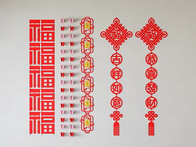 Red Chinese New Year Decorative Hanging Ornaments With Fu Characters Knots And Lanterns 3d model