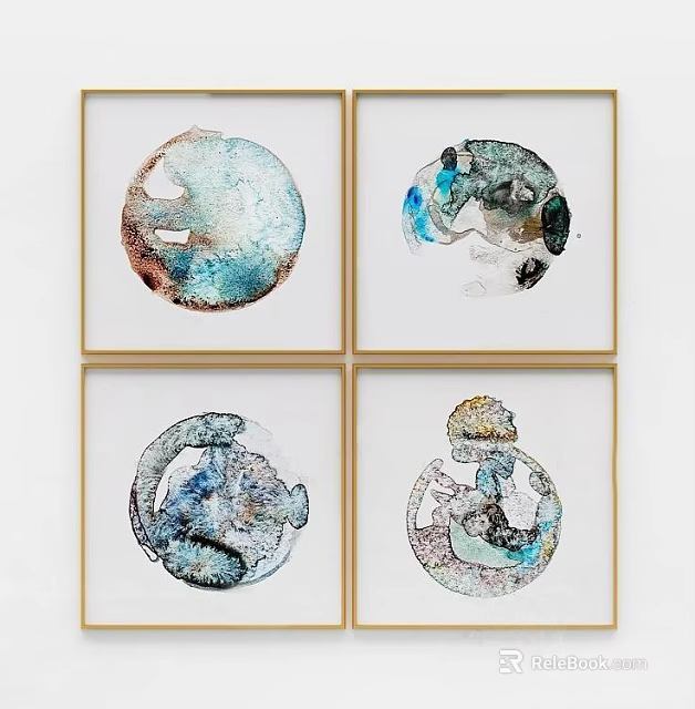 Abstract Paintings With Circular Textured Patterns Golden Frames Blue Green Tones 3d model