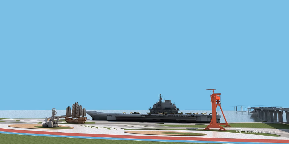 Scenic Coastal View With Naval Ship Orange Lighthouse And Sailboat Under Blue Sky 3d model 