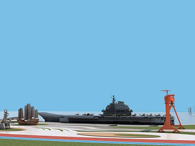 Scenic Coastal View With Naval Ship Orange Lighthouse And Sailboat Under Blue Sky 3d model