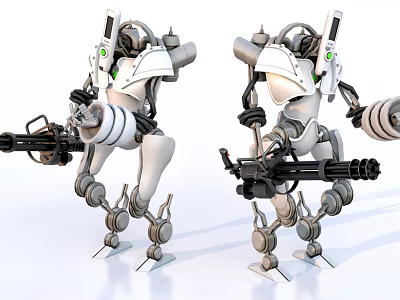 Sci Fi Mechanical Robots With Weaponry And White Gray Green Accent Design 3d model